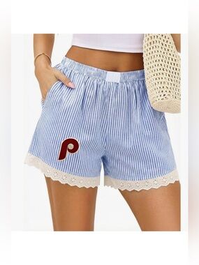 Phillies Blue Striped Women's Shorts with Lace Trim